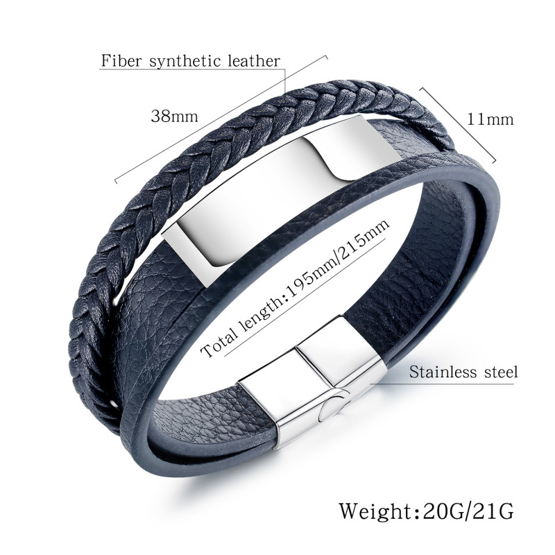 Wholesale Stainless Steel Men's Multi-Layer Retro Leather ID Bracelet