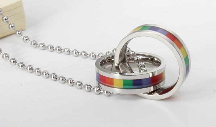 Two Permanently Intertwined Stainless Steel Rings with Rainbow Stripes Necklace
