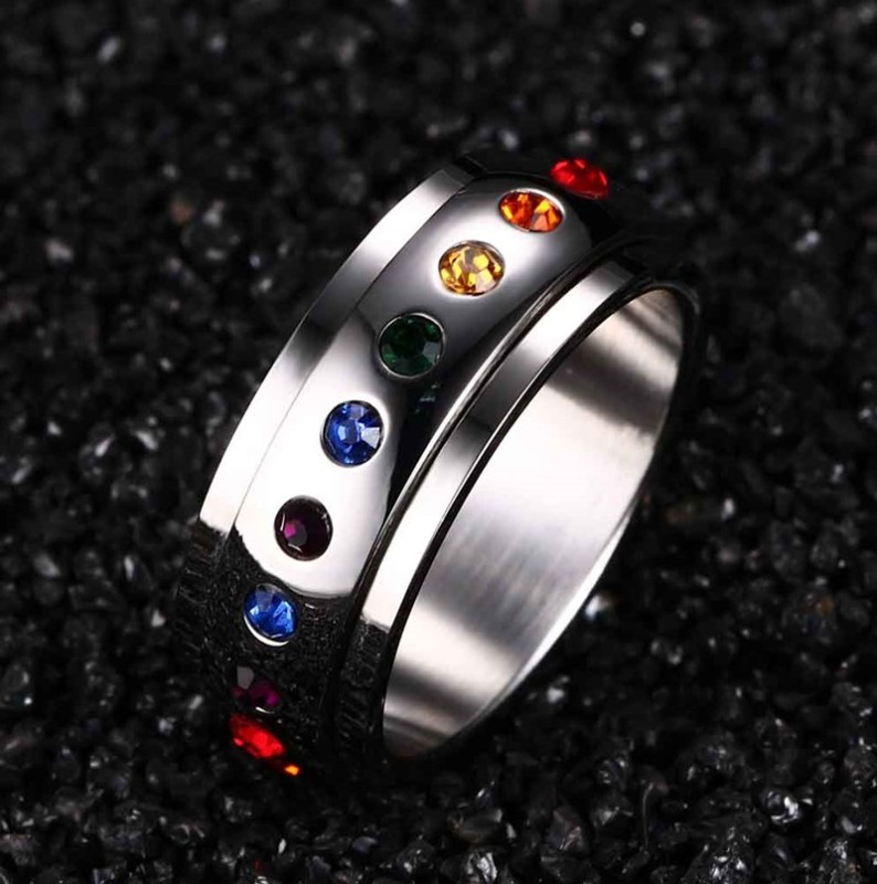 Rainbow CZ Round Spinner Stainless Steel Rings Honey