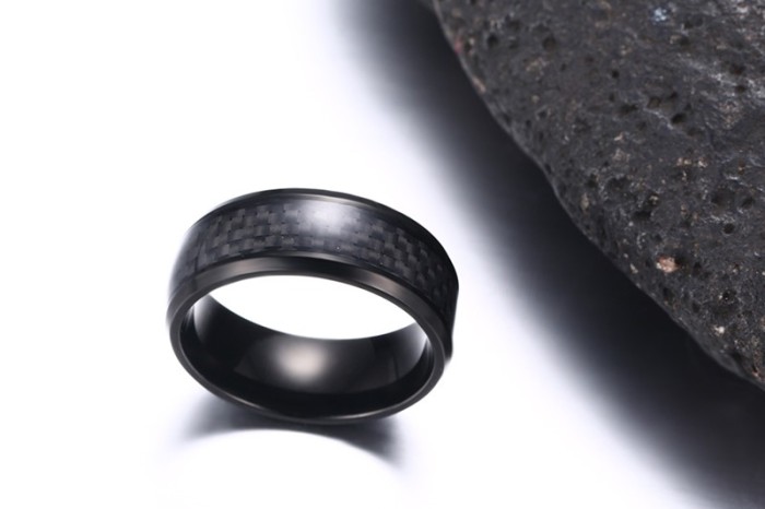 8mm Men's Stainless Steel Black IP in Black Carbon Fiber Ring