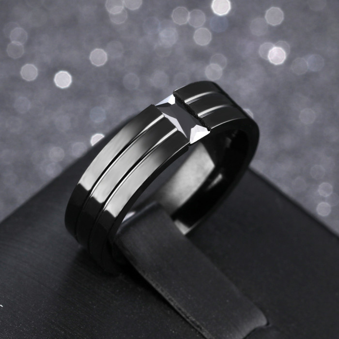 Stainless Steel Mens Black Ring with Black CZ