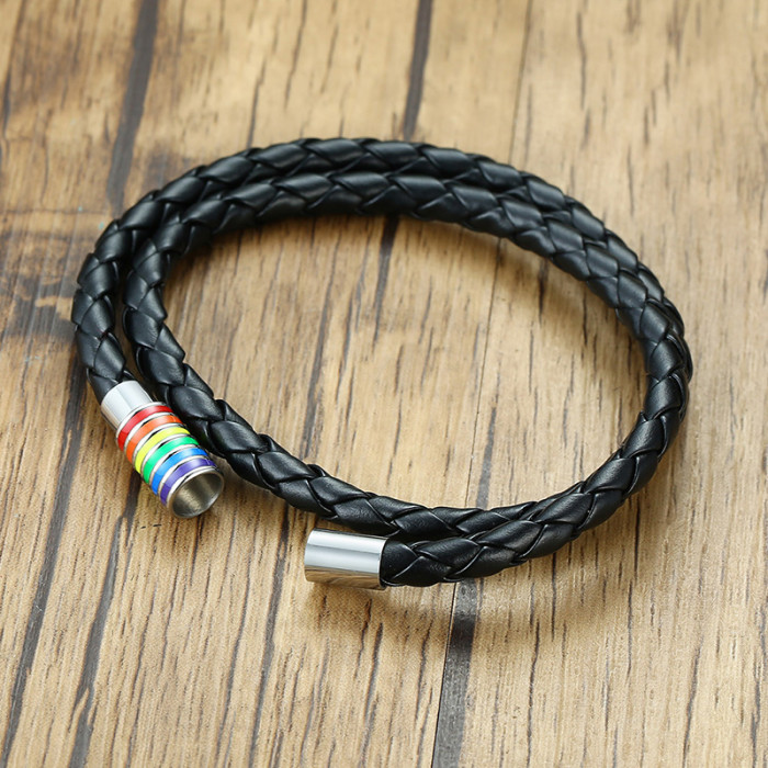 Wholesale Braid Leather Bracelet with Steel Rainbow Buckle
