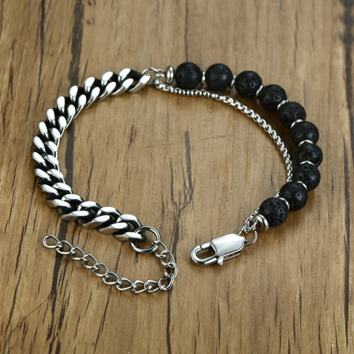 Wholeale Lava Stone and Steel Curb Chain Bracelet