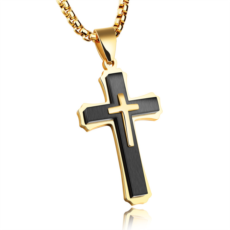 Stainless Steel Gold and Black Cross Christian Jewelry