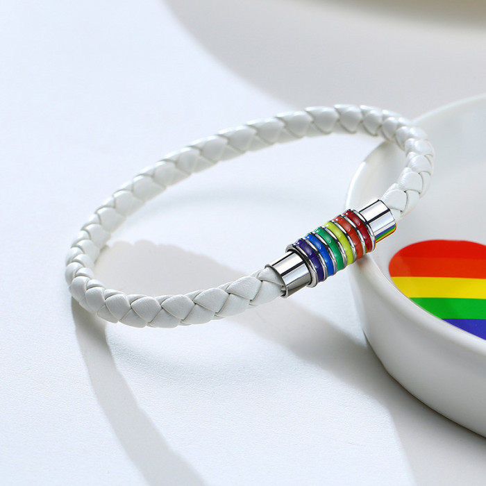 Wholesale White Leather Bracelet with Rainbow Buckle
