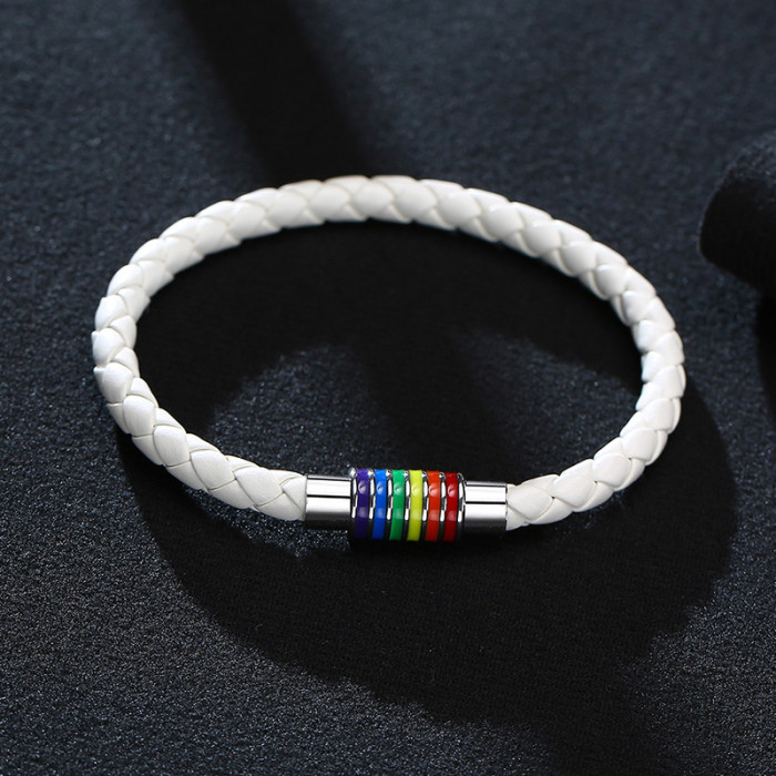 Wholesale White Leather Bracelet with Rainbow Buckle