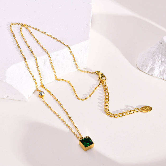 Stainless Steel Green Zirconia Square Necklace