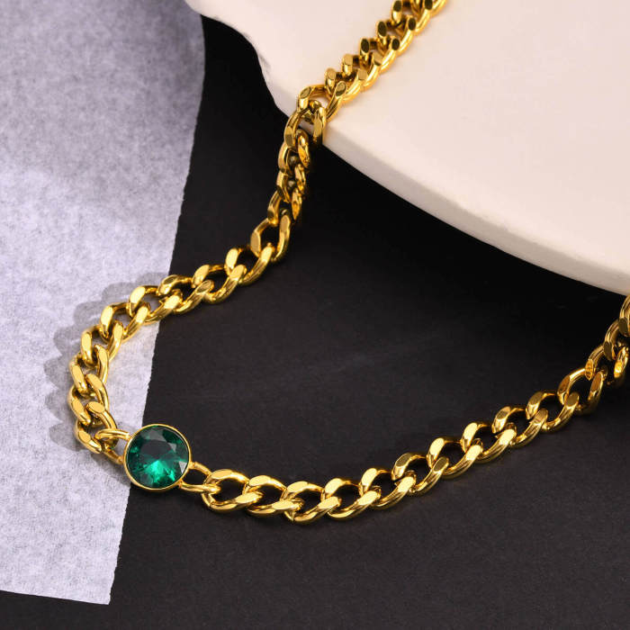 Wholesale Stainless Steel and Green Zirconia Necklace