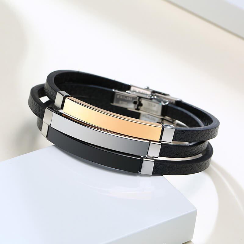 Wholesale Stainless Steel Women Engravable Black Leather ID Bracelet