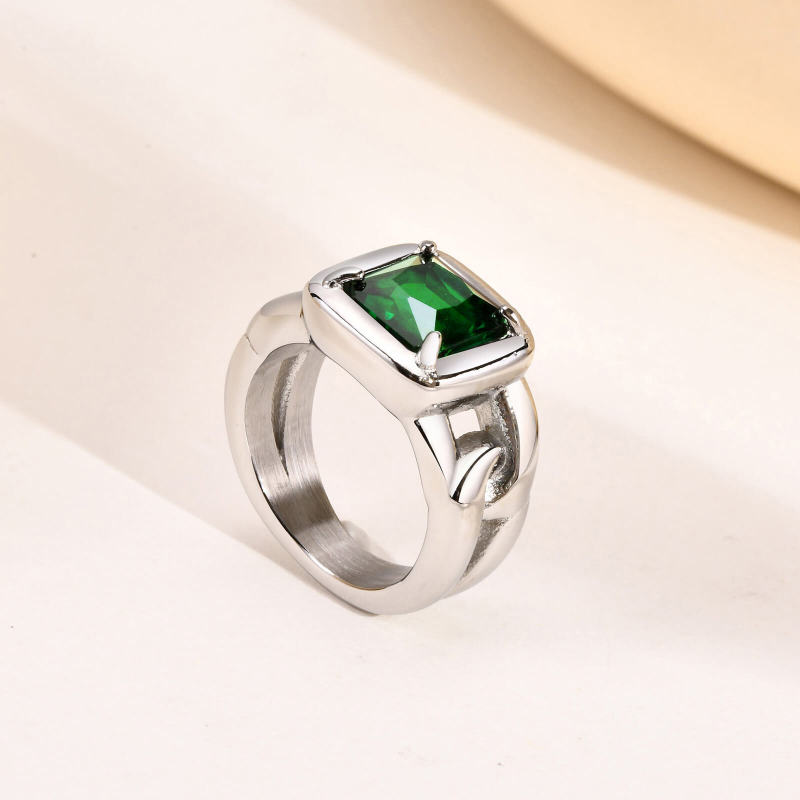Wholesale Women Stainless Steel Green Zirconia Ring