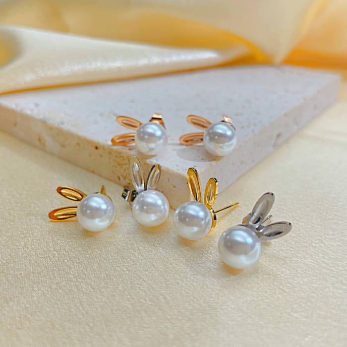 Wholesale Stainless Steel Imitation Pearl Rabbit Earrings