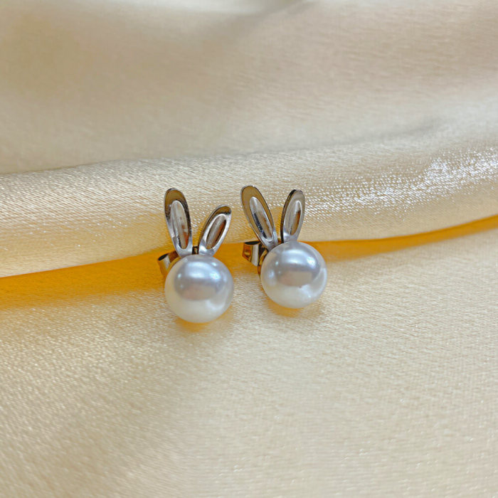Wholesale Stainless Steel Imitation Pearl Rabbit Earrings