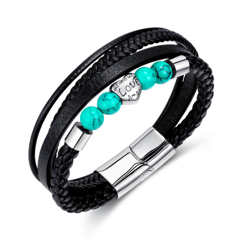 Wholesale Leather and Stainless Steel Multi-layer Love Bracelet