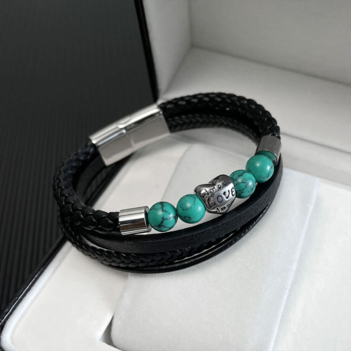 Wholesale Leather and Stainless Steel Multi-layer Love Bracelet