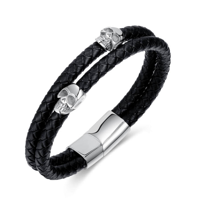 Wholesale Stainless Steel Skull Leather Bracelet