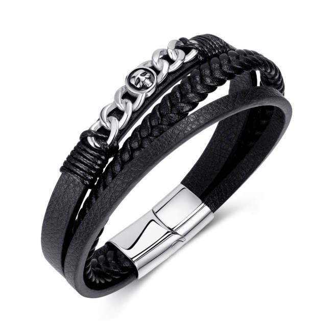 Wholesale Stainless Steel Skull Leather Bracelet for Men