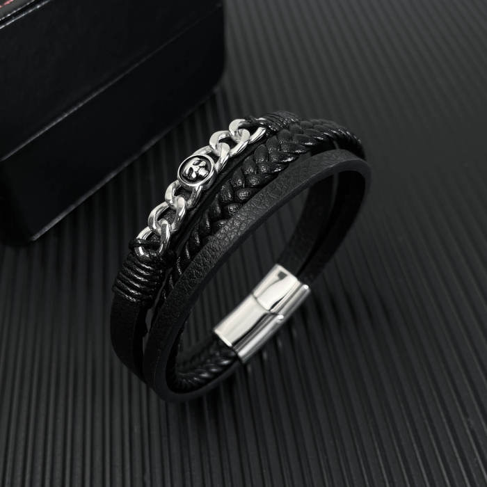 Wholesale Stainless Steel Skull Leather Bracelet for Men