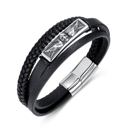 Wholesale Stainless Steel Skull Men's Leather Bracelet