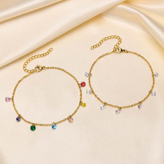 Wholesale Stainless Steel 7 Color Zirconia Anklet