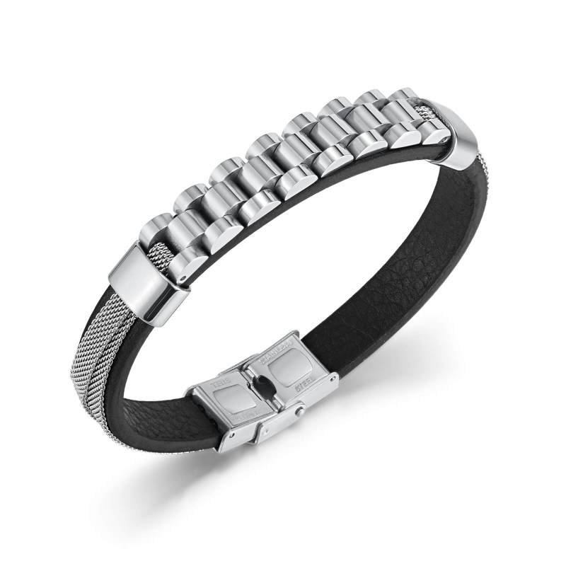 Wholesale Stainless Steel Mens Leather Bracelet
