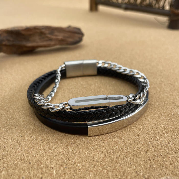 Wholesale Stainless Steel Leather Bracelet