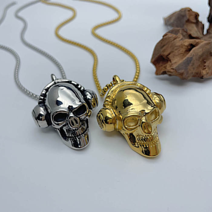 Wholesale Stainless Steel Skull with Headphone Necklace
