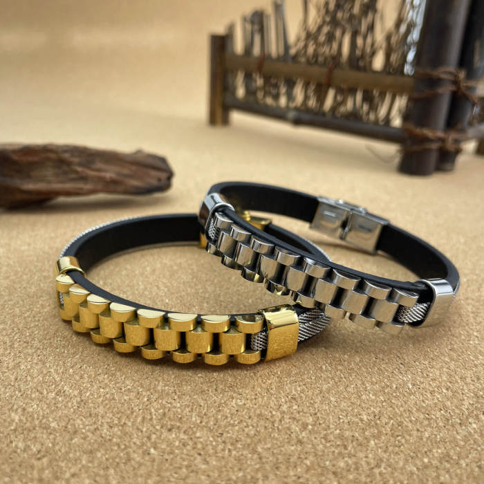Wholesale Stainless Steel Mens Leather Bracelet