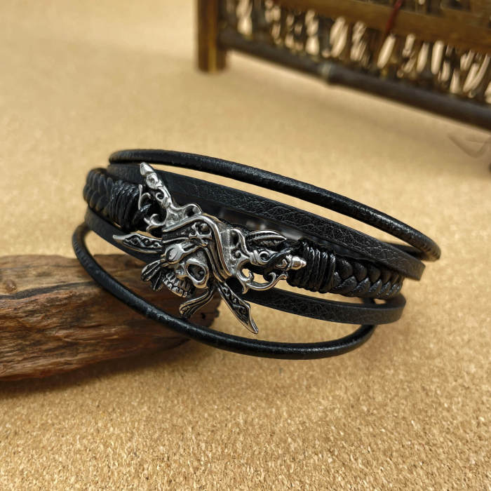 Wholesale Stainless Steel Pirate Leather Bracelet