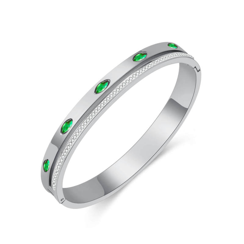 Wholesale Stainless Steel Bangle with Green CZ