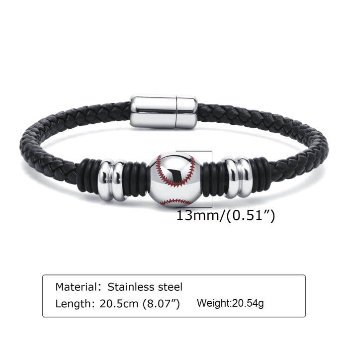 Wholesale Stainless Steel Baseball Patterned Leather Bracelet