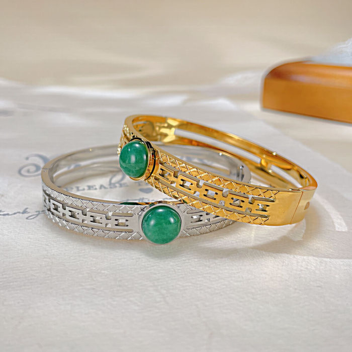 Wholesale Green Natural Stone Stainless Steel Bangle