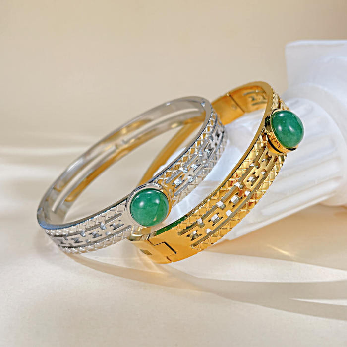 Wholesale Green Natural Stone Stainless Steel Bangle