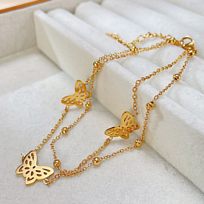 Wholeale Stainless Steel Butterfly Beads Double Layers Anklet