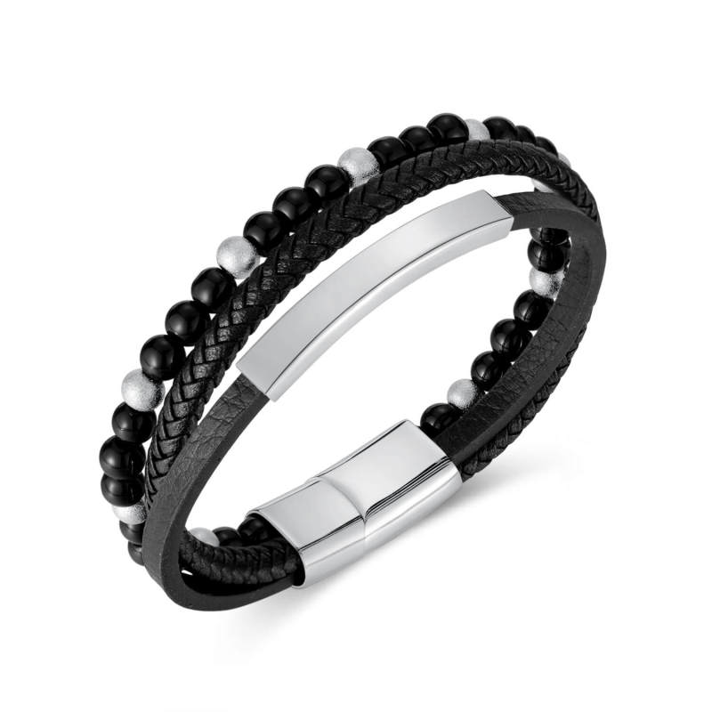 Wholesale Steel Onyx Beaded Leather Bracelet