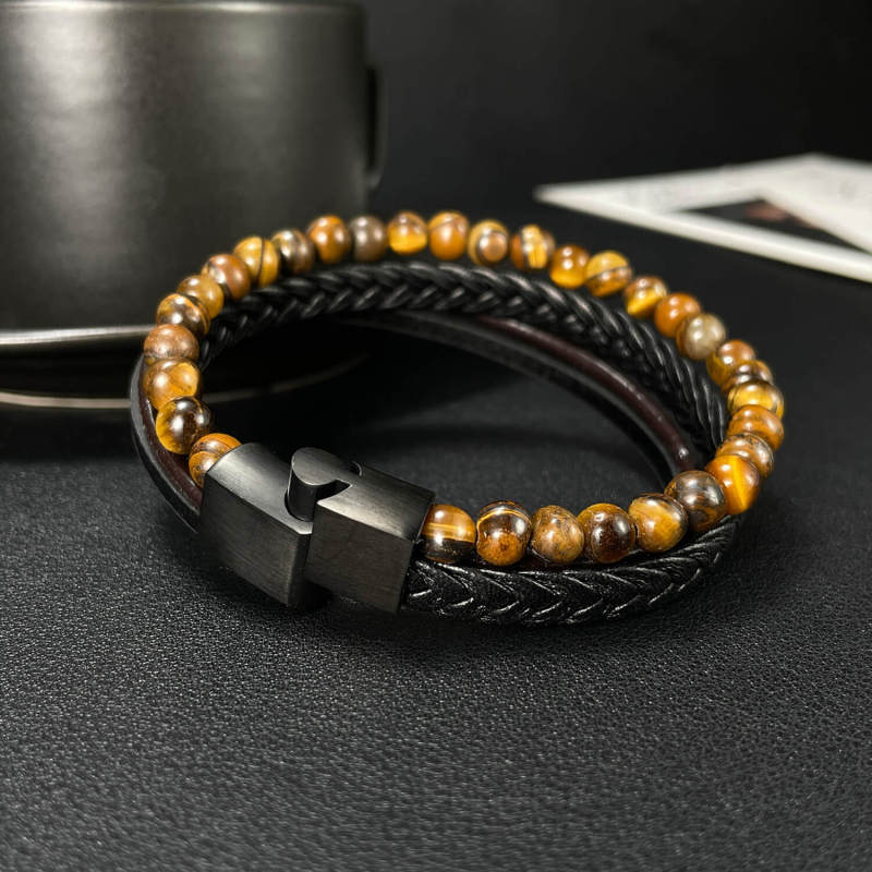 Wholesale Multi-Layered Tiger Eye Leather Bracelet