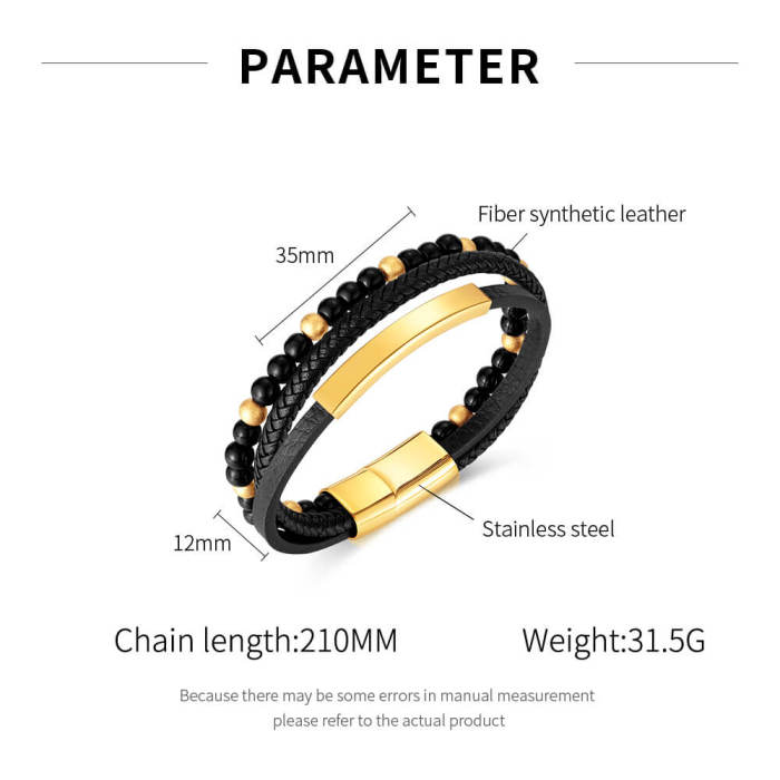 Wholesale Steel Onyx Beaded Leather Bracelet