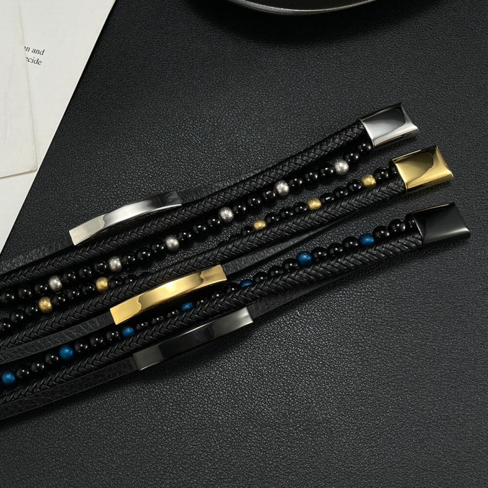 Wholesale Steel Onyx Beaded Leather Bracelet