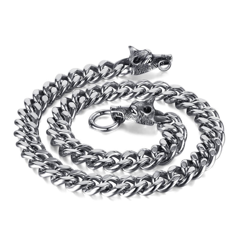 Wholesale Stainless Steel Cuban Chain Wolf Head Necklace