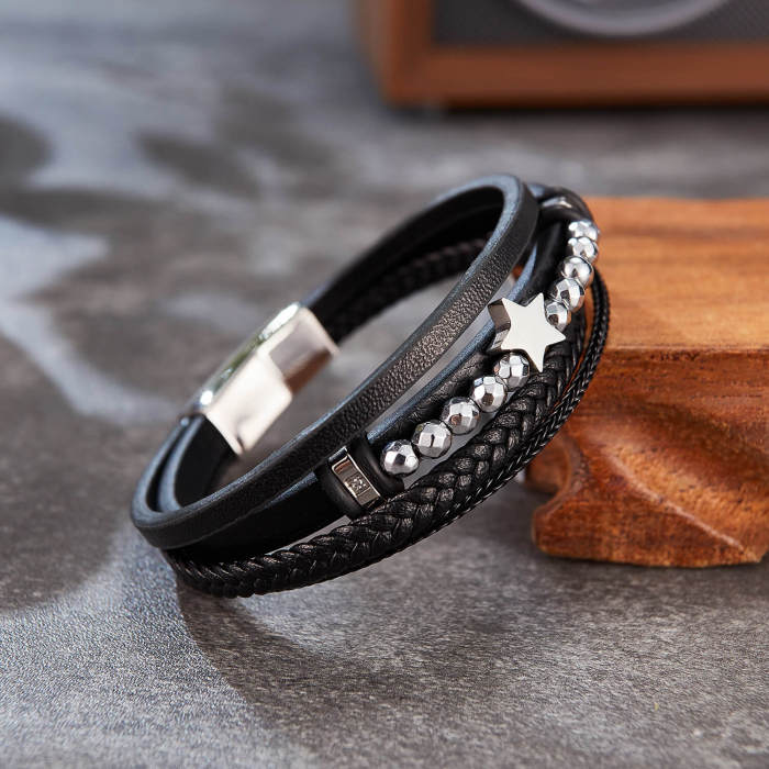 Wholesale Pentagram Hand-Woven Leather Bracelet
