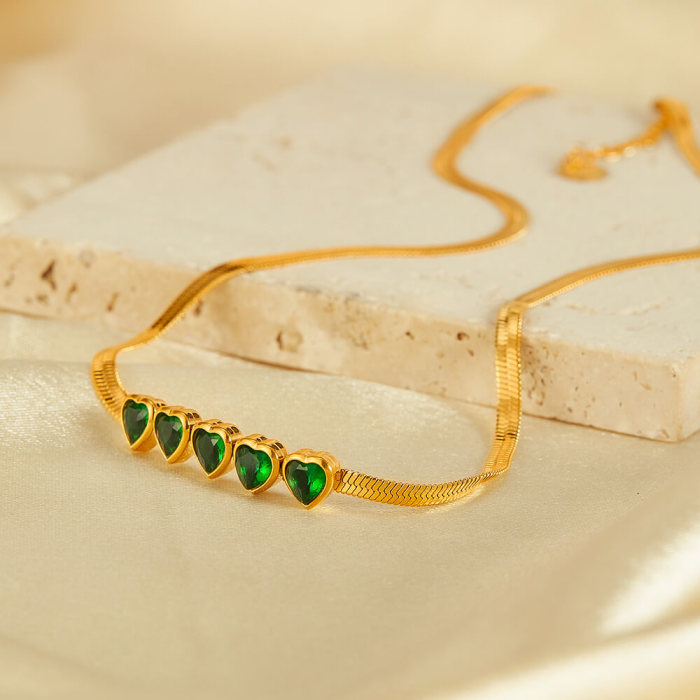 Wholesale Stainless Steel Heart Emerald Zirconia Necklace