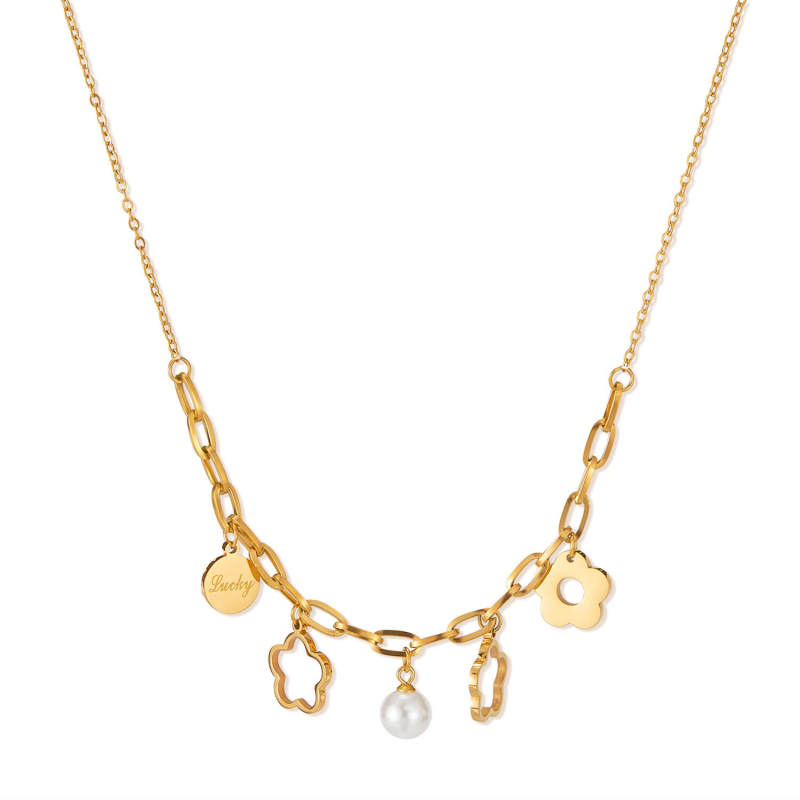 Wholesale Stainless Steel Flower Pearl Necklace Sett