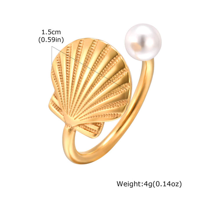 Stainless Steel Scallop Imitation Pearl Ring