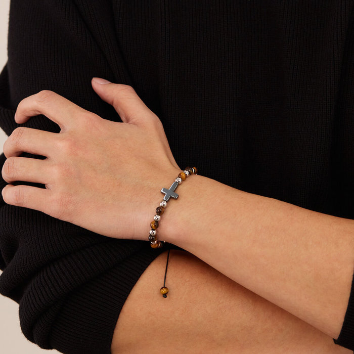 Wholesale Stainless Steel Tiger Eye Cross Bead Bracelet