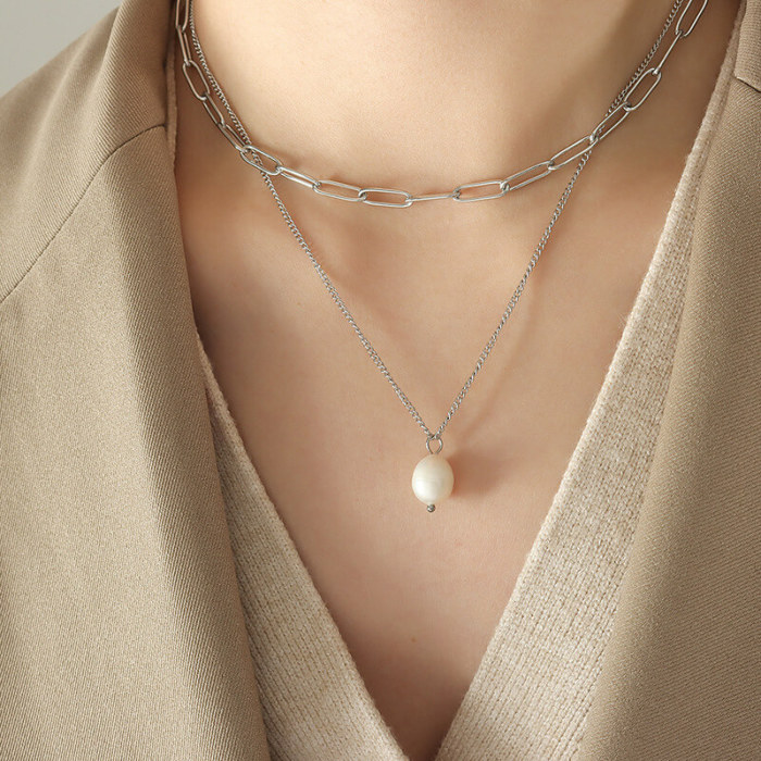 Wholesale Steel Layered Pearl Pendant Necklace