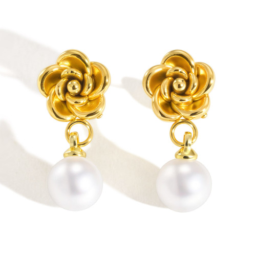 Wholesale Stainless Steel Camellia Pearl Earrings