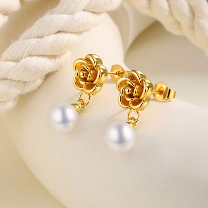 Wholesale Stainless Steel Camellia Pearl Earrings