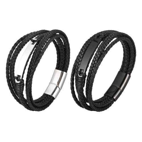 Wholesale Stainless Steel Engraved Leather Bracelet