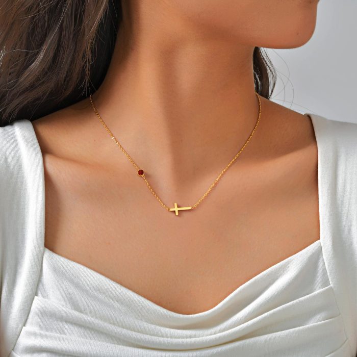 Wholesale Stainless Steel Cross Birthstone Necklace