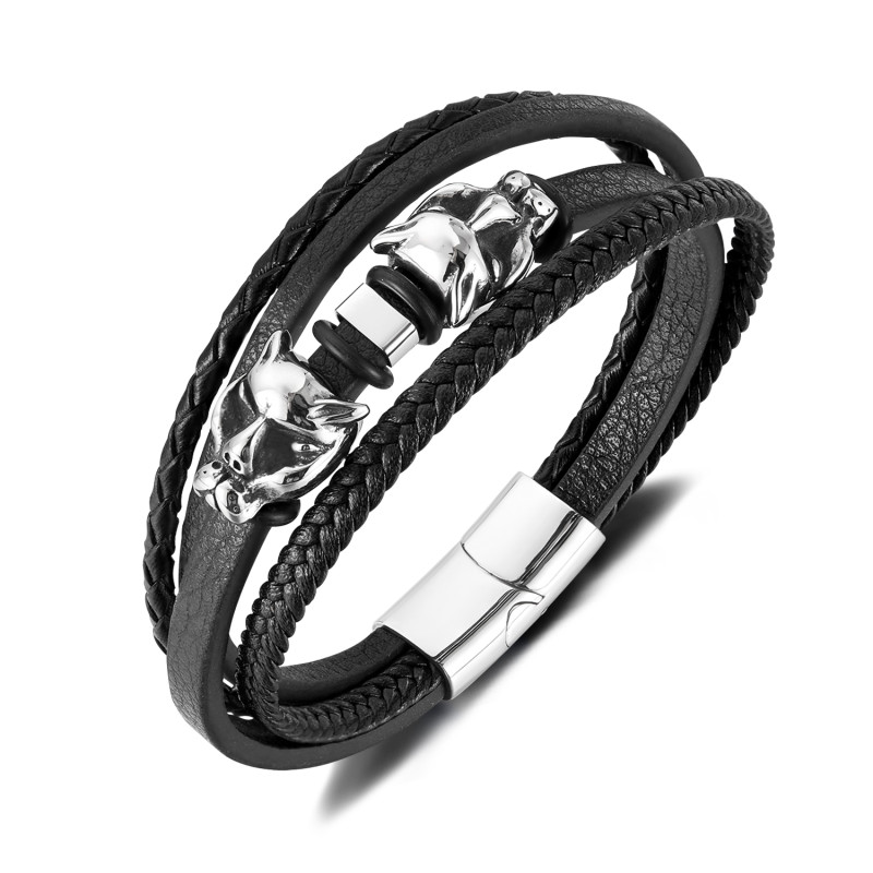 Wholesale Stainless Steel Leopard Head Leather Bracelet