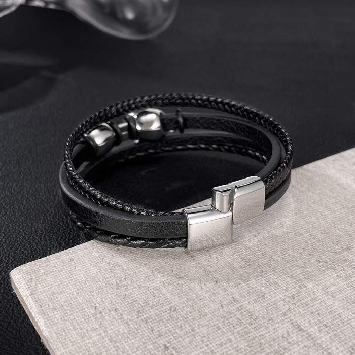 Wholesale Stainless Steel Leopard Head Leather Bracelet